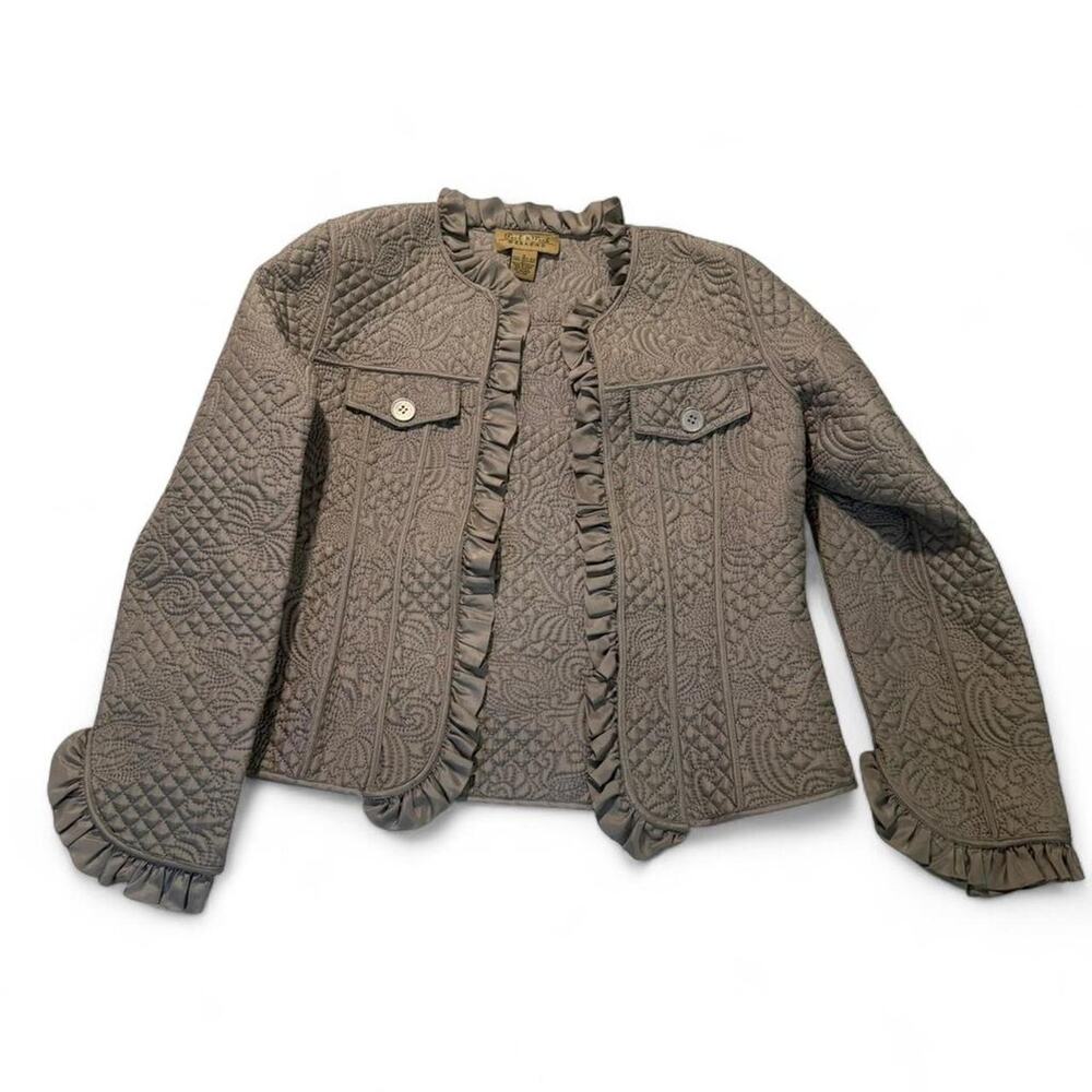 Peck & Peck Weekend Taupe Quilted Silk Jacket Ruffle Paisley Victorian Artsy S